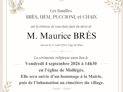 Obsèques de Maurice Brès : vendredi 4 septembre à 14h30